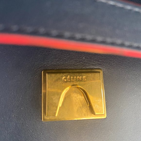 CELINE PARIS Navy / Red Trimmed Leather Bag/Satchel w/ Flap & Strap Detail - Picture 8 of 9